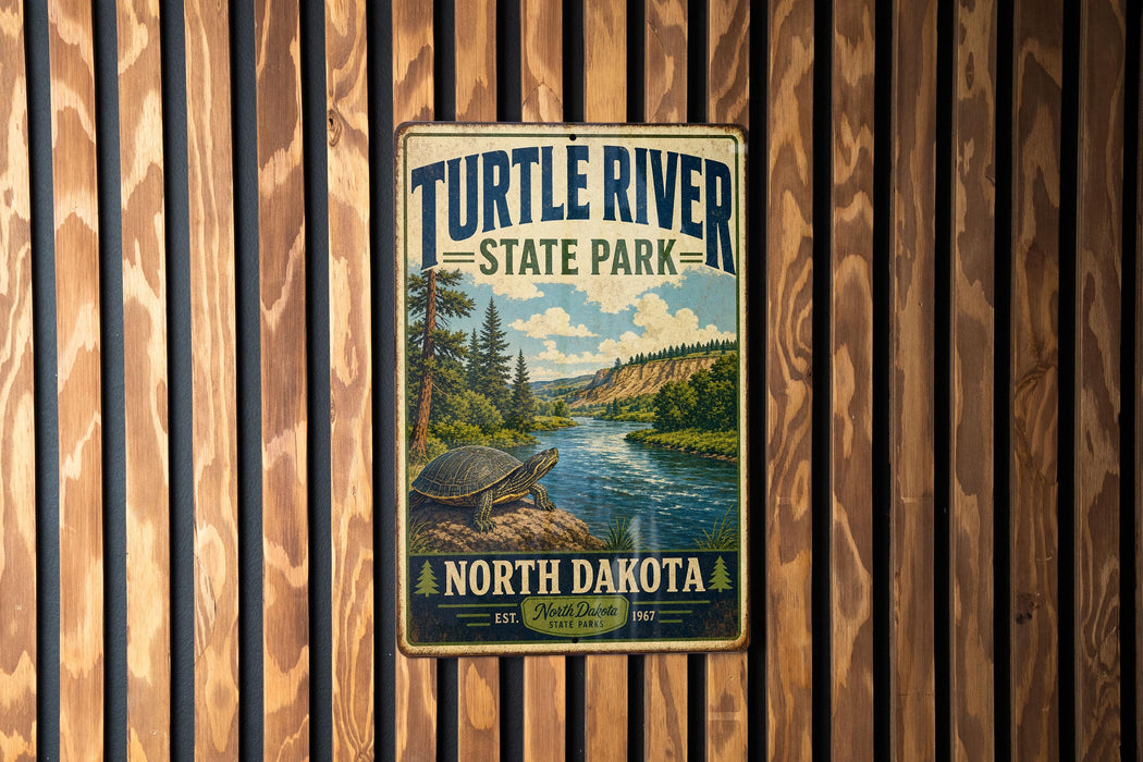 A vintage-style metal sign for Turtle River State Park in North Dakota, featuring a scenic illustration of a river and pine trees.
