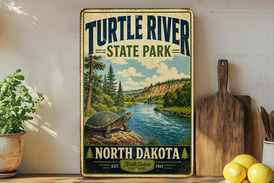 A vintage-style sign for Turtle River State Park in North Dakota, featuring a scenic illustration of a turtle on a rock by a river surrounded by pine trees.