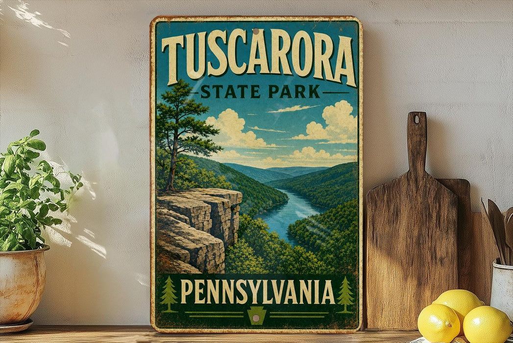 A vintage-style poster of Tuscarora State Park in Pennsylvania, featuring a scenic landscape with a river, mountains, and a cliff overlooking the water.
