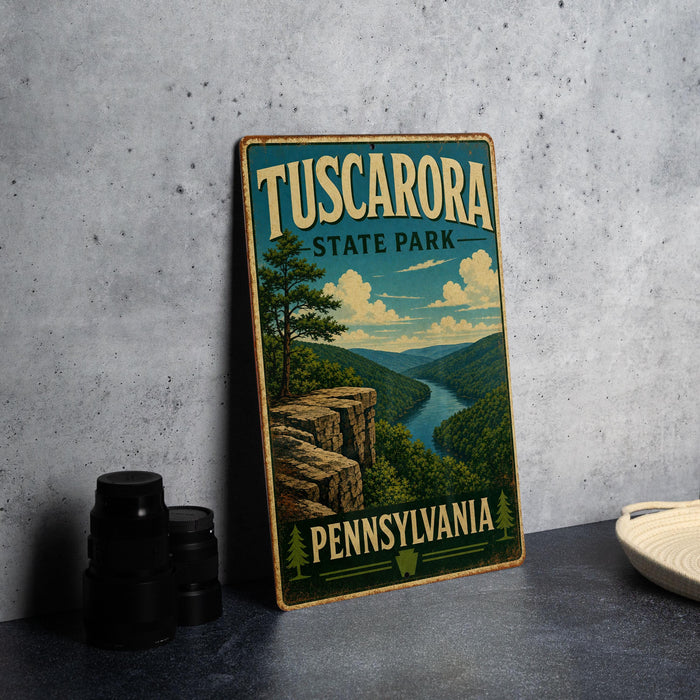 A vintage-style metal sign for Tuscarora State Park in Pennsylvania, featuring a scenic landscape with a river, mountains, and a cliff.