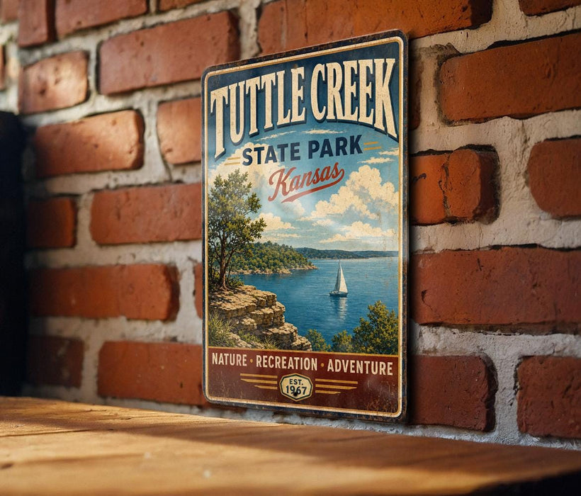 A vintage metal sign for Tuttile Creek State Park in Kansas, featuring a scenic landscape with a sailboat on the water.