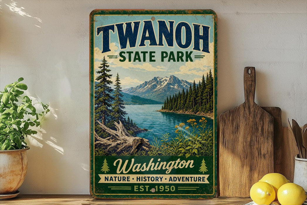 A vintage-style sign for Twanoh State Park, featuring a scenic mountain landscape with a lake and pine trees.