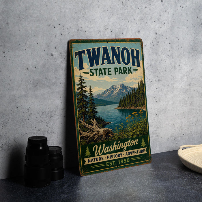 A vintage-style metal sign for Twanoh State Park, featuring a scenic landscape with mountains, pine trees, and a lake.