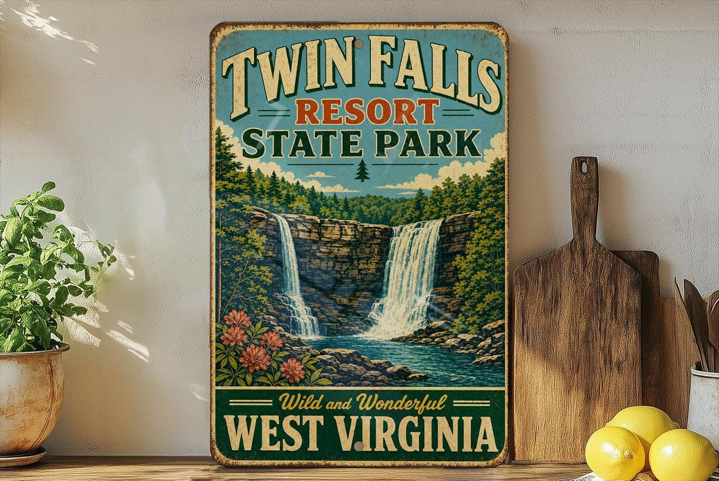 A vintage-style sign for Twin Falls Resort State Park in West Virginia, featuring a waterfall and lush greenery.
