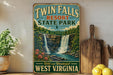 A vintage-style sign for Twin Falls Resort State Park in West Virginia, featuring a waterfall and lush greenery.
