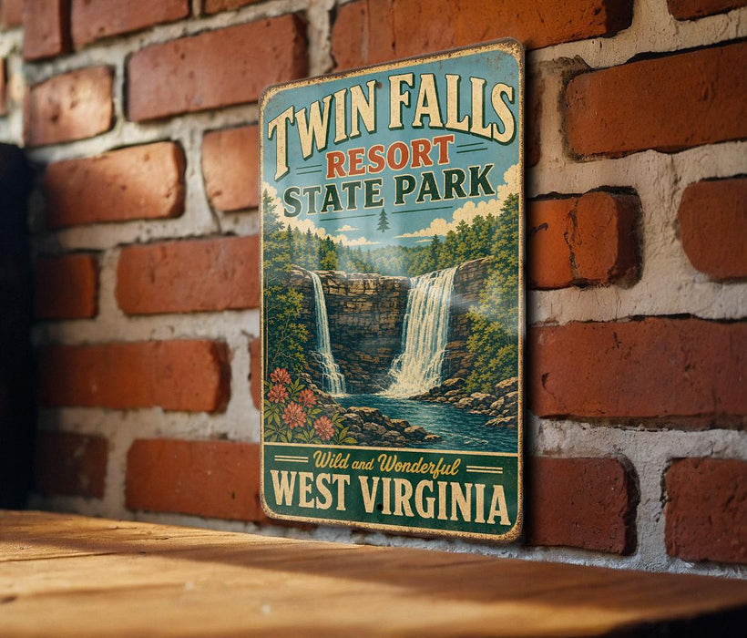 A vintage-style sign for Twin Falls Resort State Park in West Virginia, featuring a waterfall and lush greenery.