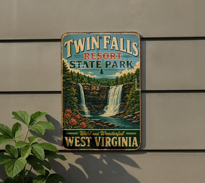 A vintage-style sign for Twin Falls Resort State Park in West Virginia, featuring a waterfall and lush greenery.