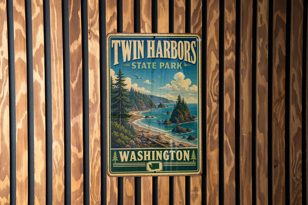 A vintage-style sign for Twin Harbors State Park in Washington, featuring a scenic landscape with a beach, mountains, and a river.