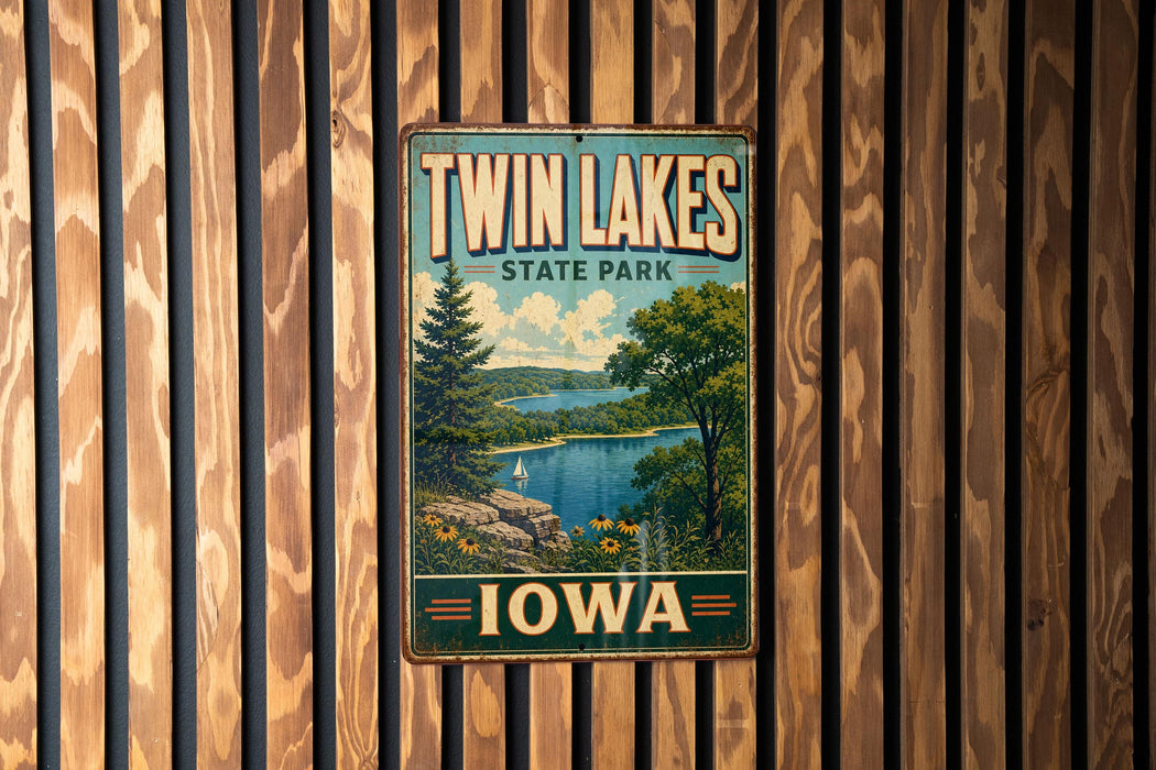 A vintage metal sign for Twin Lakes State Park in Iowa, featuring a scenic landscape with a lake, trees, and mountains.