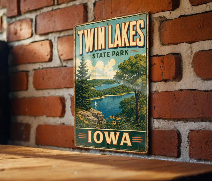 A vintage-style metal sign for Twin Lakes State Park in Iowa, featuring a scenic landscape with a lake, trees, and a sailboat.