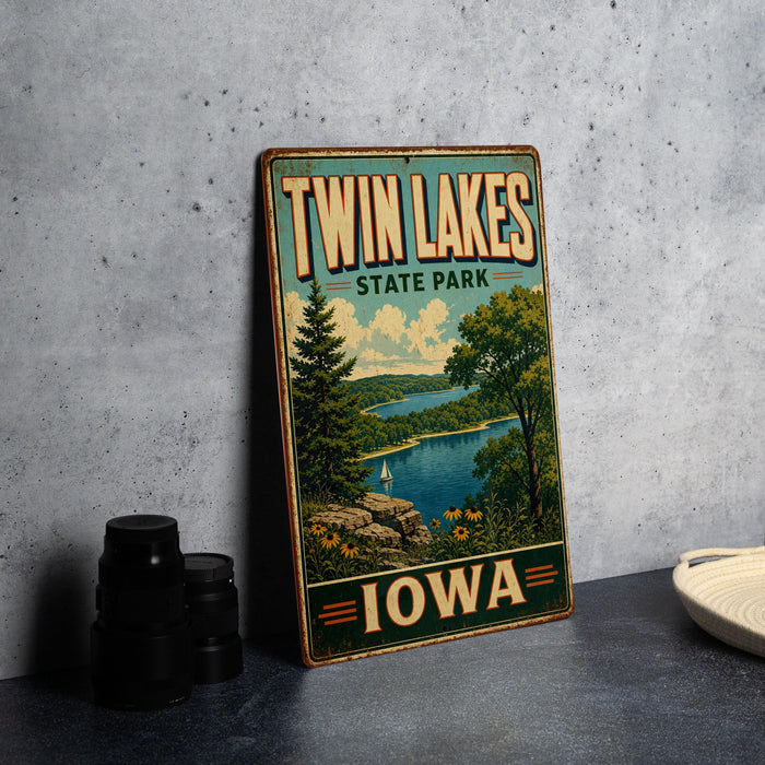 A vintage-style sign for Twin Lakes State Park in Iowa, featuring a scenic landscape with a lake, trees, and mountains.