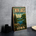 A vintage-style sign for Twin Lakes State Park in Iowa, featuring a scenic landscape with a lake, trees, and mountains.