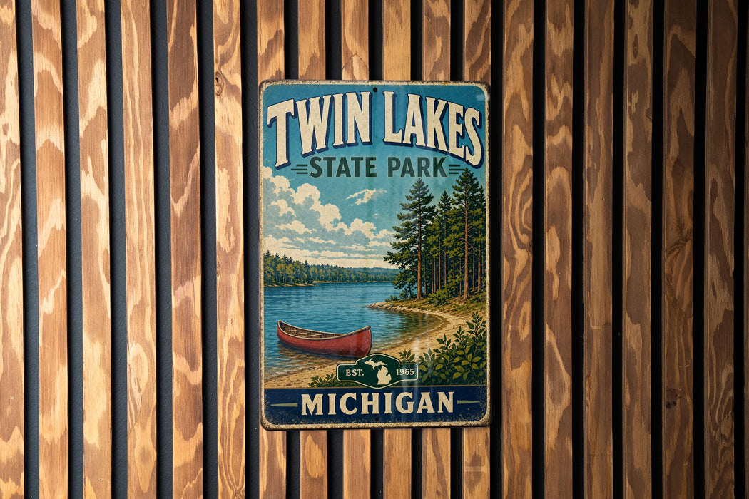 A vintage metal sign for Twin Lakes State Park in Michigan, featuring a scenic image of a lake, canoe, and surrounding forest.