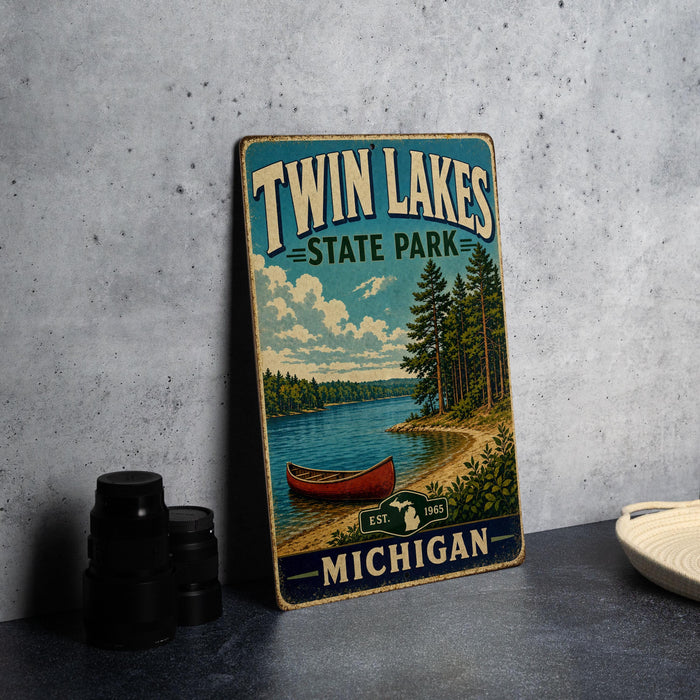 A vintage-style metal sign for Twin Lakes State Park in Michigan, featuring a scenic illustration of a lake, canoe, and forested shoreline.