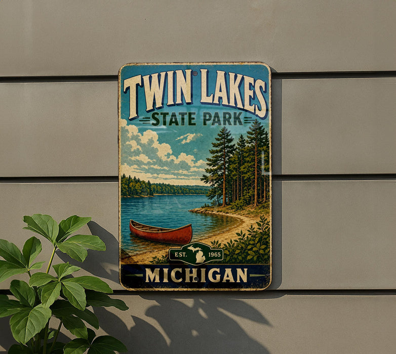 A vintage-style metal sign for Twin Lakes State Park in Michigan, featuring a scenic illustration of a lake, canoe, and forested shoreline.