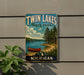 A vintage-style metal sign for Twin Lakes State Park in Michigan, featuring a scenic illustration of a lake, canoe, and forested shoreline.