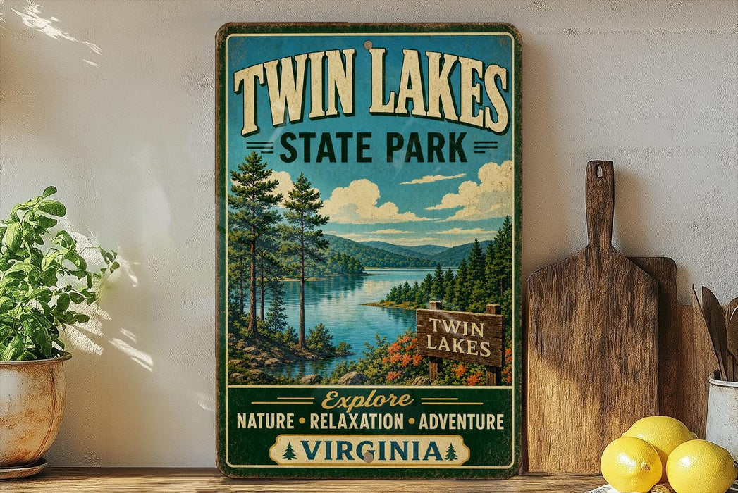 A vintage-style sign for Twin Lakes State Park, featuring a scenic landscape with pine trees, a lake, and mountains in the background.
