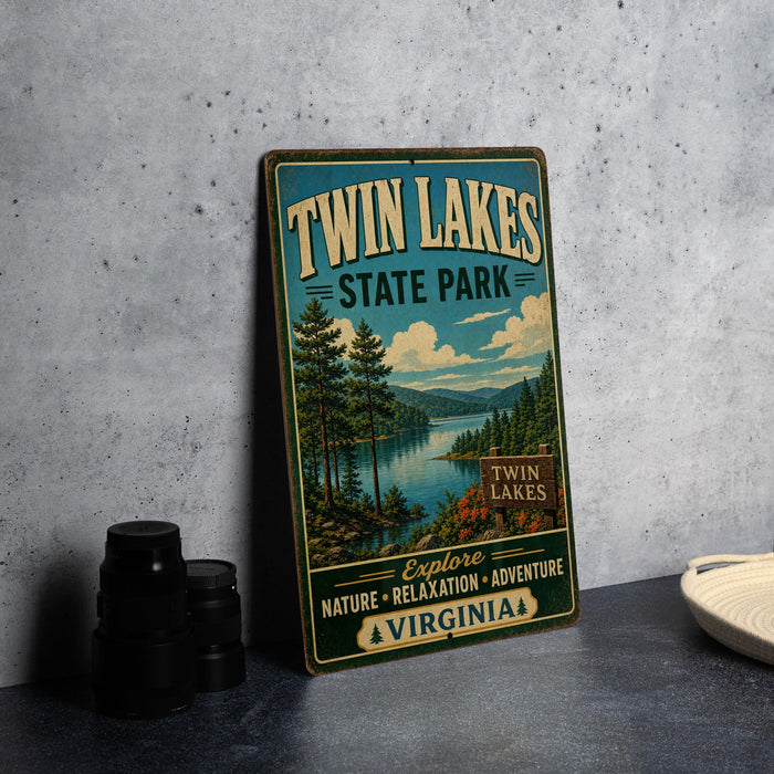 A vintage-style metal sign for Twin Lakes State Park, featuring a scenic landscape with pine trees, a lake, and mountains.