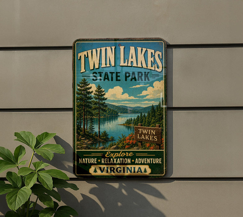 A vintage-style sign for Twin Lakes State Park, featuring a scenic landscape with pine trees, a lake, and mountains in the background.