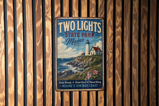 A vintage metal sign for "Two Lights State Park" in Maine, featuring a lighthouse and a coastal landscape.