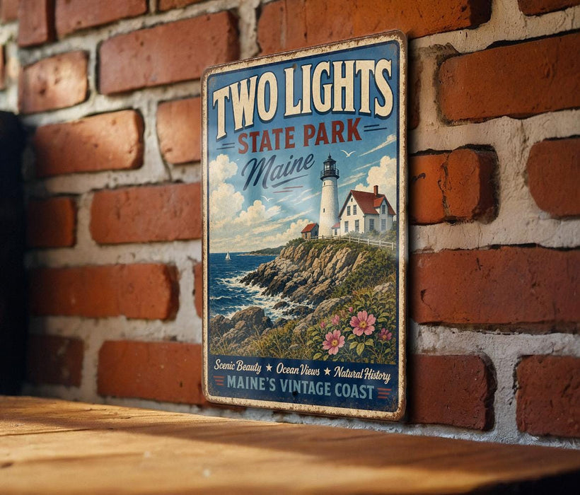 A vintage-style metal sign for "Two Lights State Park" in Maine, featuring a lighthouse and a coastal landscape.