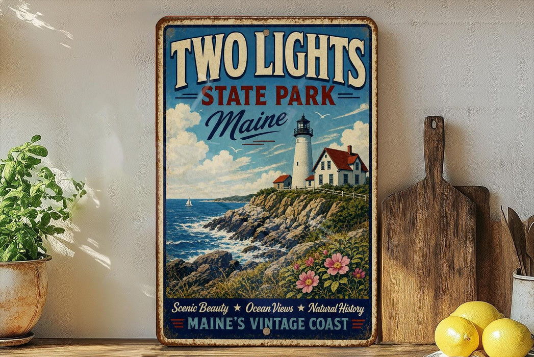 A vintage-style sign for "Two Lights State Park Maine" is displayed on a shelf, featuring a lighthouse and a coastal landscape.