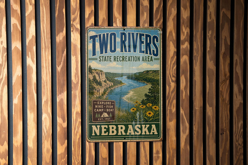 A vintage-style sign for the Two Rivers State Recreation Area in Nebraska, featuring a scenic image of a river and mountains.