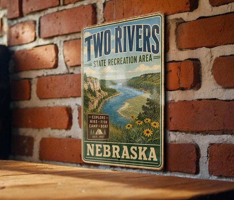 A vintage-style metal sign for the Two Rivers State Recreation Area in Nebraska, featuring a scenic illustration of a river and surrounding landscape.