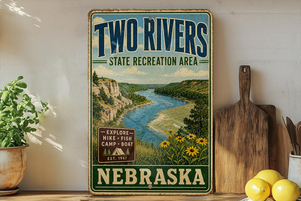 a vintage-style sign for the Two Rivers State Recreation Area in Nebraska, with a scenic illustration of a river and mountains.