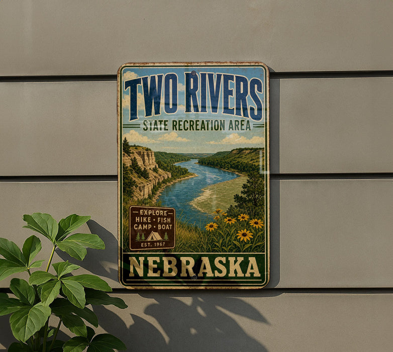 A vintage-style metal sign for the Two Rivers State Recreation Area in Nebraska, featuring a scenic image of a river and mountains.