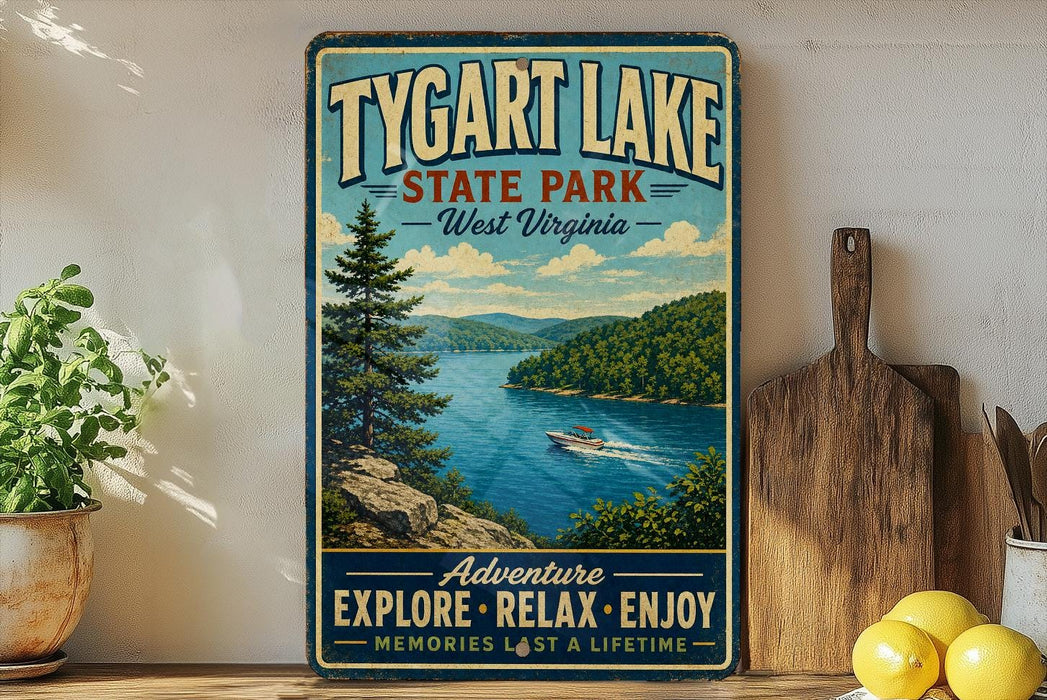 A vintage-style sign for Tygart Lake State Park in West Virginia, featuring a scenic image of the lake surrounded by mountains and trees.