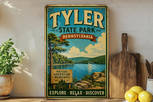 A vintage-style metal sign for Tyler State Park in Pennsylvania, featuring a scenic landscape with a lake and mountains.