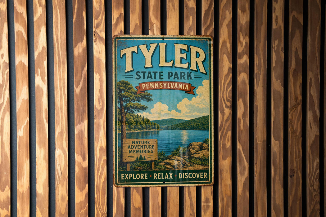 A vintage-style metal sign for Tyler State Park in Pennsylvania, featuring a scenic landscape with a lake, mountains, and trees.