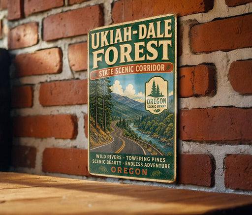 A vintage-style metal sign for the UKiah-Dale Forest in Oregon, featuring a scenic mountain landscape and a winding road.