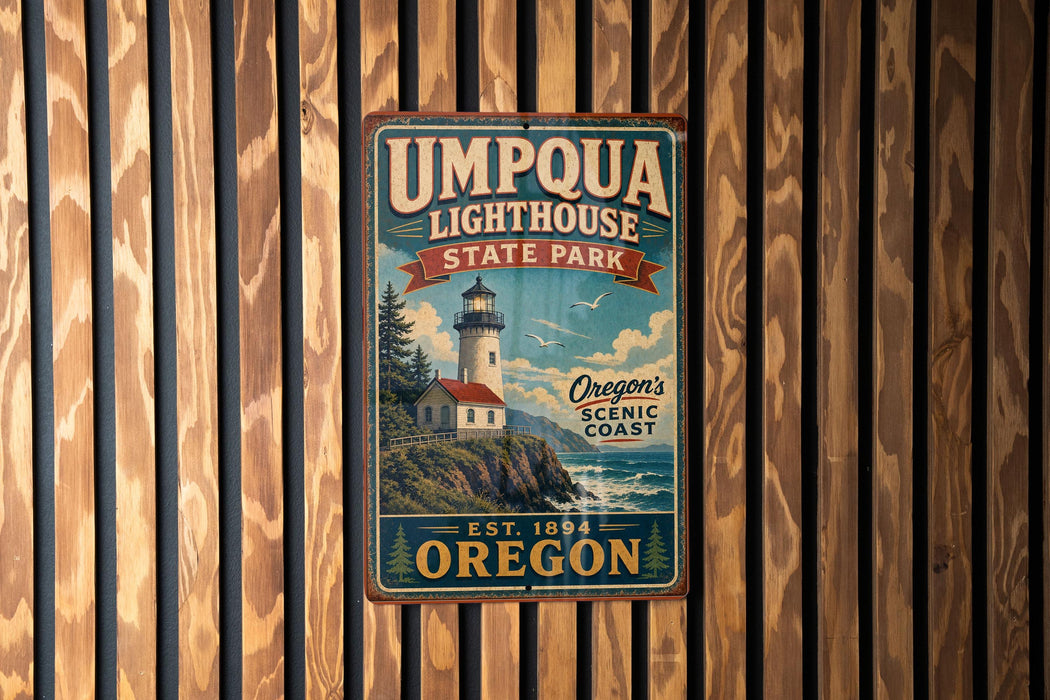 A vintage-style metal sign for Umpqua Lighthouse State Park, featuring a lighthouse and a coastal scene, is displayed on a wooden fence.