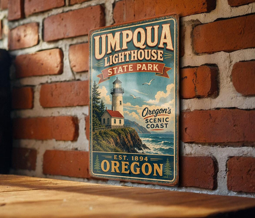A vintage-style metal sign for Umpqua Lighthouse State Park, featuring a lighthouse and a scenic coastal landscape.