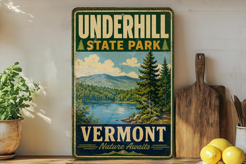 A vintage-style sign for Underhill State Park in Vermont, featuring a scenic landscape with mountains, trees, and a lake.