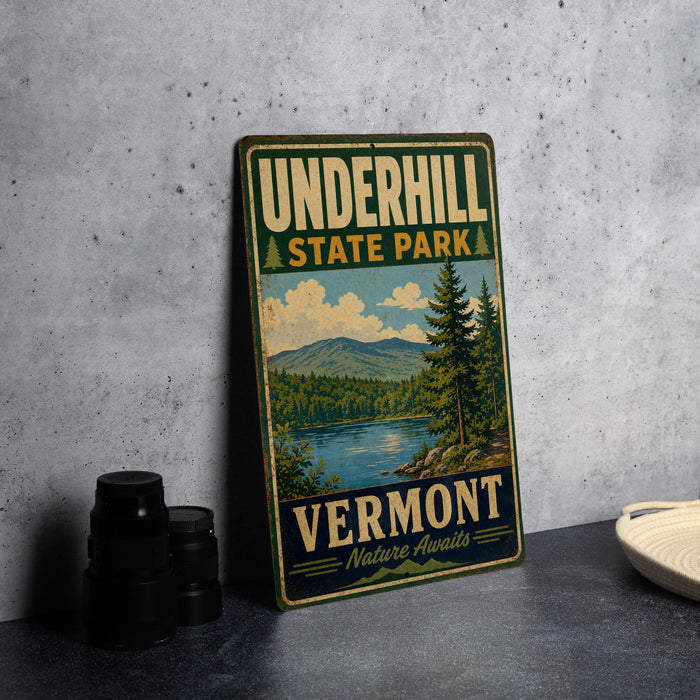 A vintage metal sign for Underhill State Park in Vermont, featuring a scenic landscape with a lake and mountains.