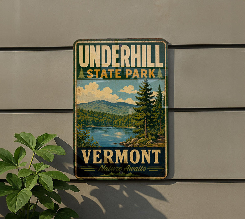 A vintage-style sign for Vermont State Park, featuring a scenic landscape with mountains, trees, and a lake.