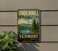 A vintage-style sign for Vermont State Park, featuring a scenic landscape with mountains, trees, and a lake.