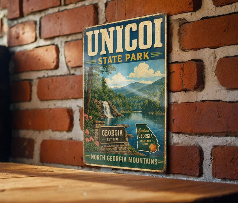 A vintage metal sign for Unicoi State Park, featuring a scenic landscape with a waterfall and mountains, mounted on a brick wall.
