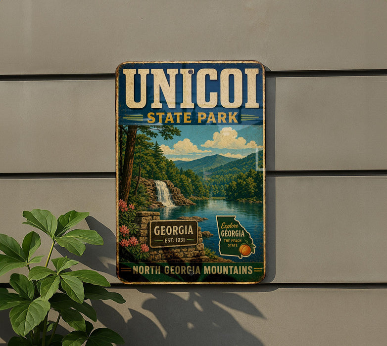 A vintage-style metal sign for Unicoi State Park, featuring a scenic landscape with a waterfall and mountains.