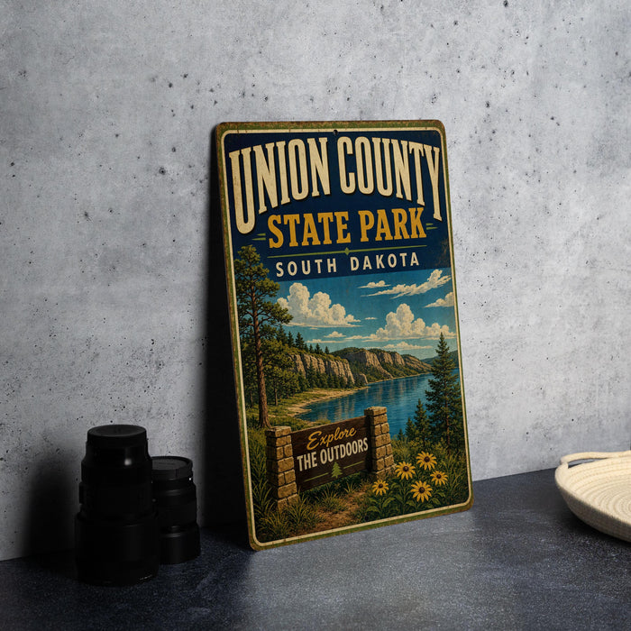 A vintage-style metal sign for Union County State Park in South Dakota, featuring a scenic landscape with a lake, mountains, and a sign inviting visitors to explore the outdoors.