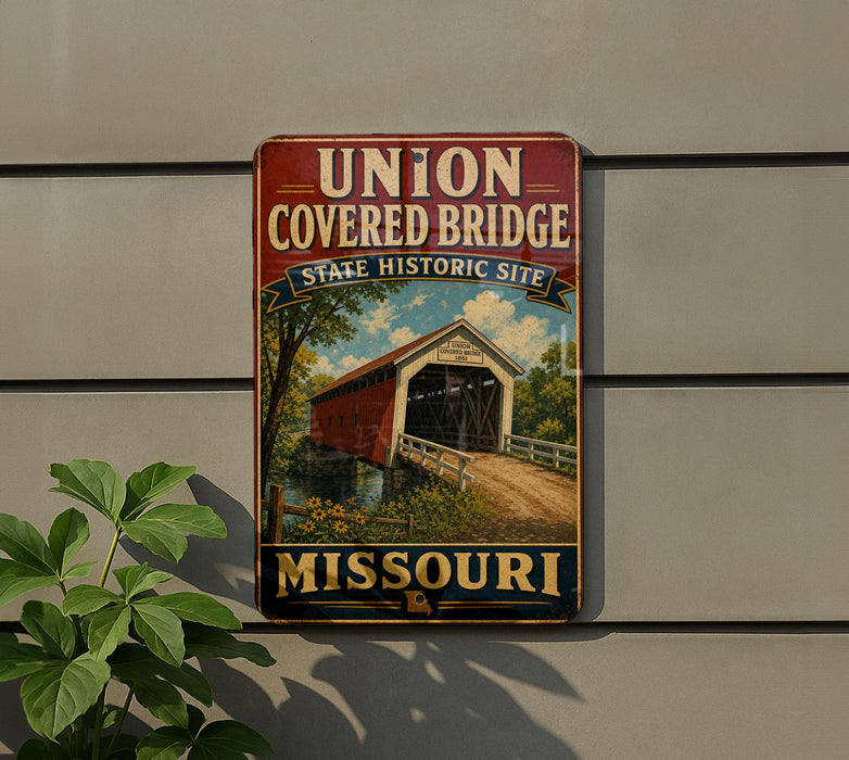 A vintage-style metal sign for the Union Covered Bridge in Missouri, featuring an illustration of a covered bridge with a scenic background.
