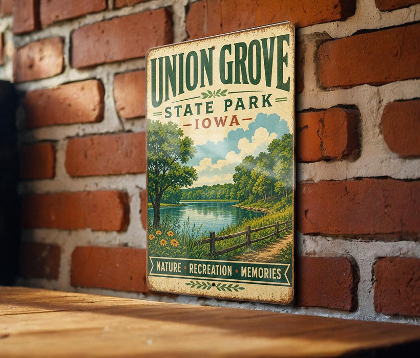 A vintage-style metal sign for Union Grove State Park in Iowa, featuring a scenic illustration of a lake surrounded by trees and a path.
