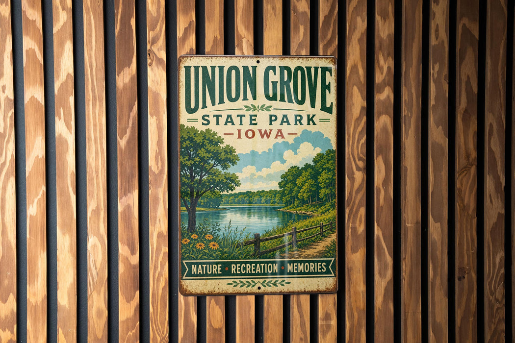 A vintage metal sign for Union Grove State Park in Iowa, featuring a scenic landscape with a lake, trees, and a path.