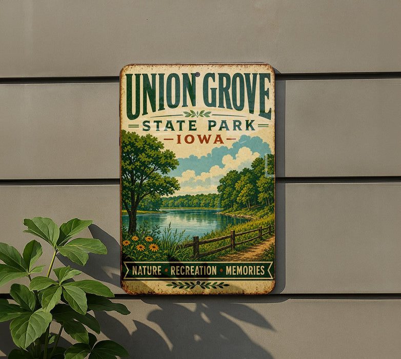 A vintage-style metal sign for Union Grove State Park in Iowa, featuring a scenic landscape with a lake, trees, and a path.