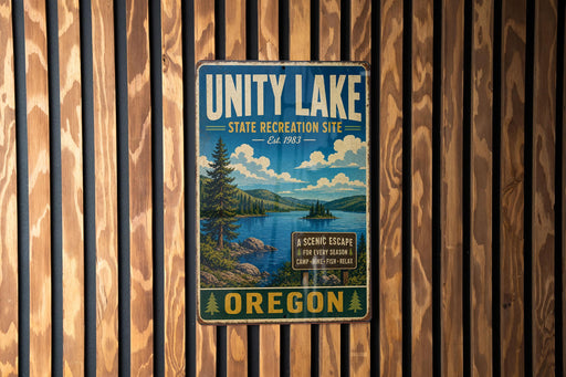 A vintage-style metal sign for the Unity Lake State Recreation Site in Oregon, featuring a scenic landscape with a lake, mountains, and pine trees.