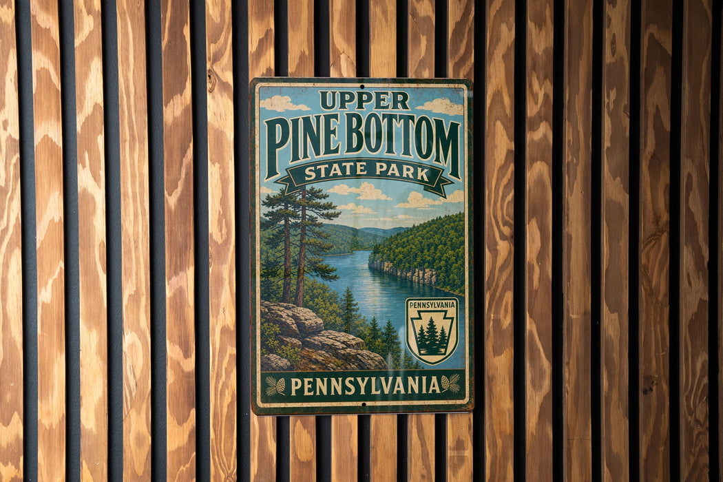 A vintage-style metal sign for Upper Pine Bottom State Park in Pennsylvania, featuring a scenic landscape with pine trees, a river, and mountains.