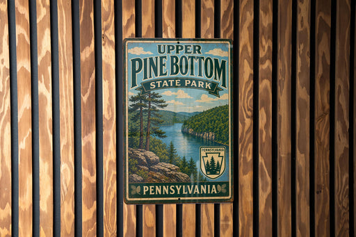 A vintage-style metal sign for Upper Pine Bottom State Park in Pennsylvania, featuring a scenic landscape with pine trees, a river, and mountains.